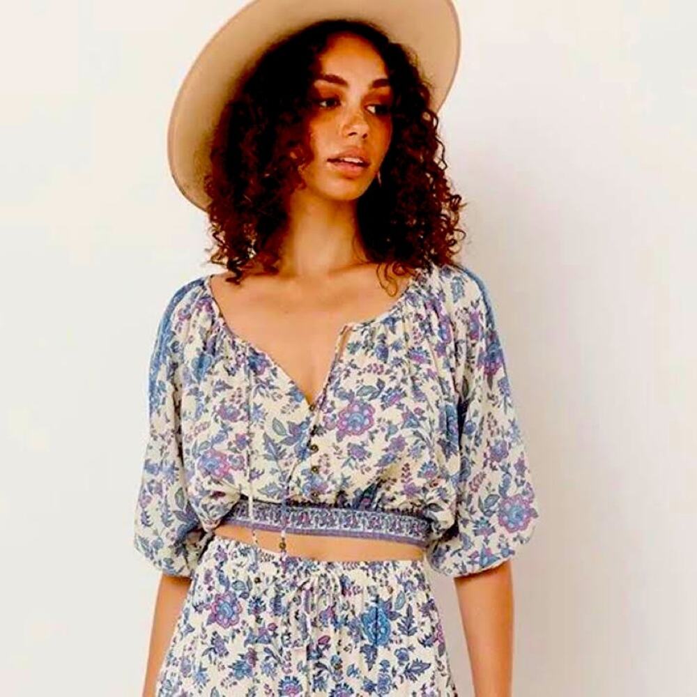 Joie floral cropped bohemian elbow length sleeve blouse with tassel tie large